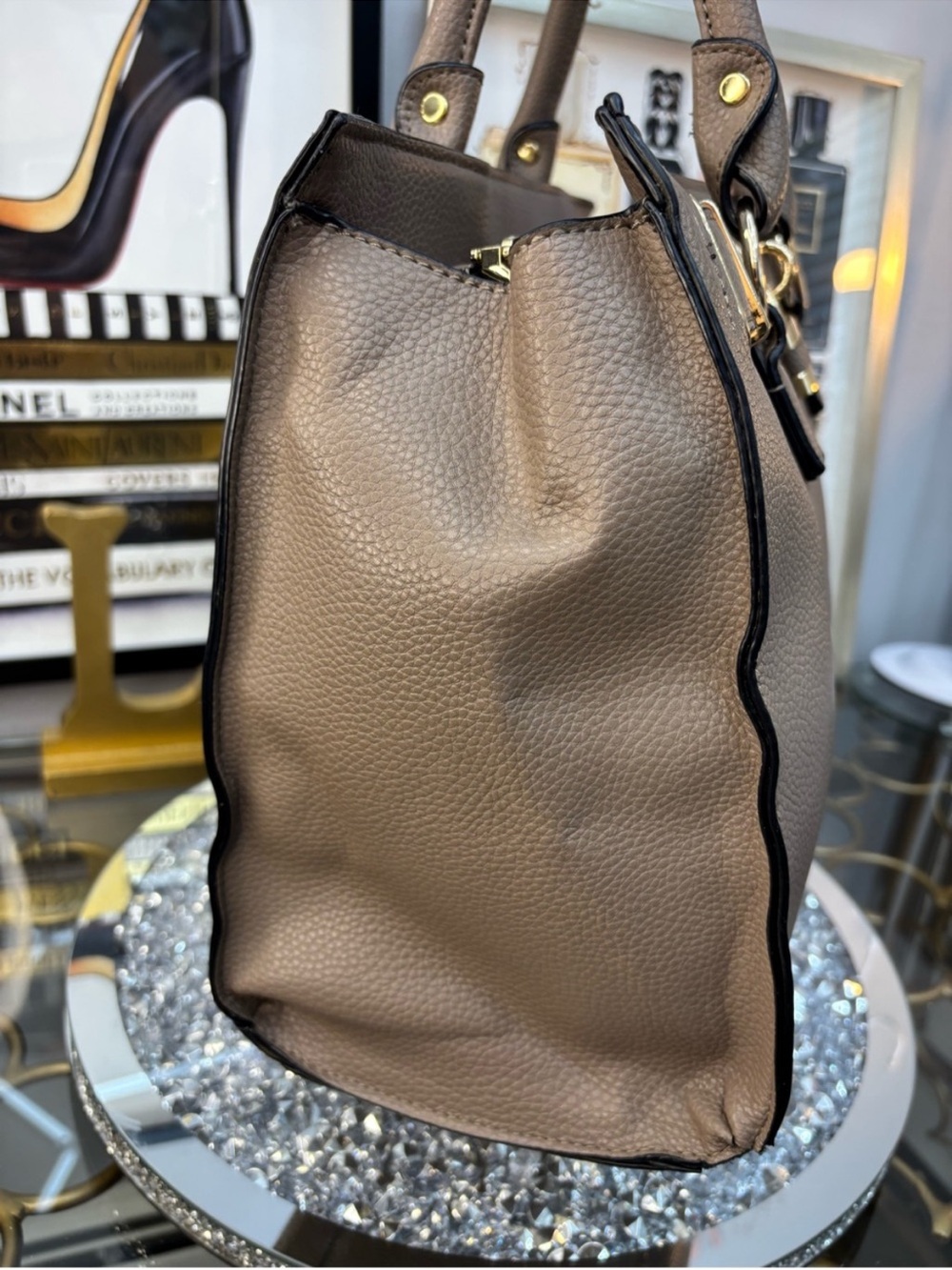 Structured Taupe Satchel with Gold Lock Detail - Picture 8 of 9